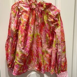 LoveShackFancy Pink and Green Floral Blouse